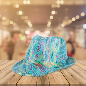 blue hat with colorful sequins